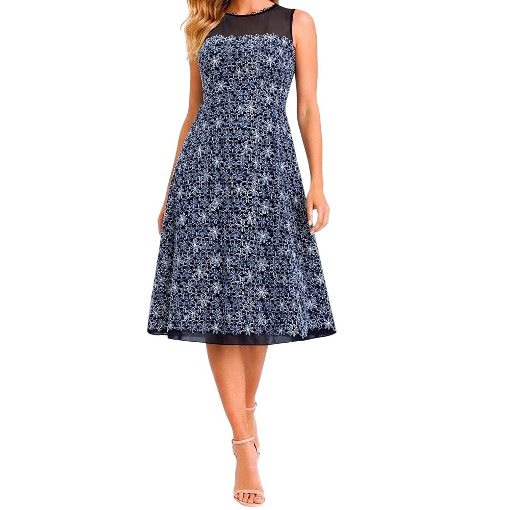 Elie Tahari Embroidered Floral Lace Dress Size‎ 8 Navy